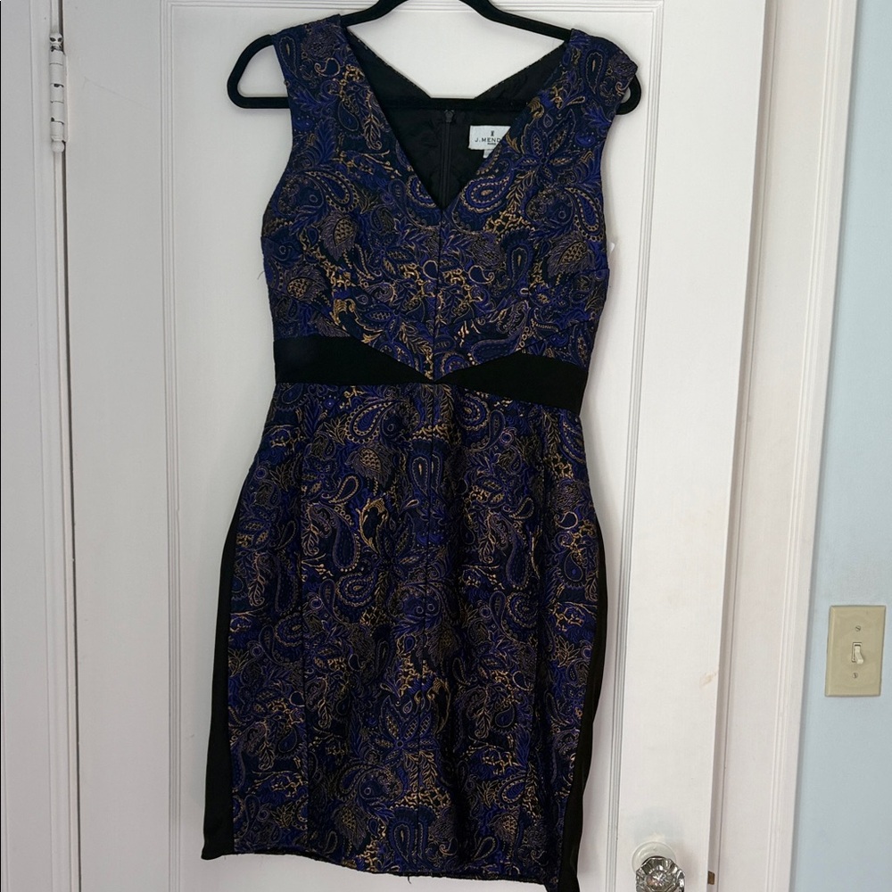 J. Mendel Navy and Gold Paisley V-Neck Mini Cocktail Dress with Black Panels